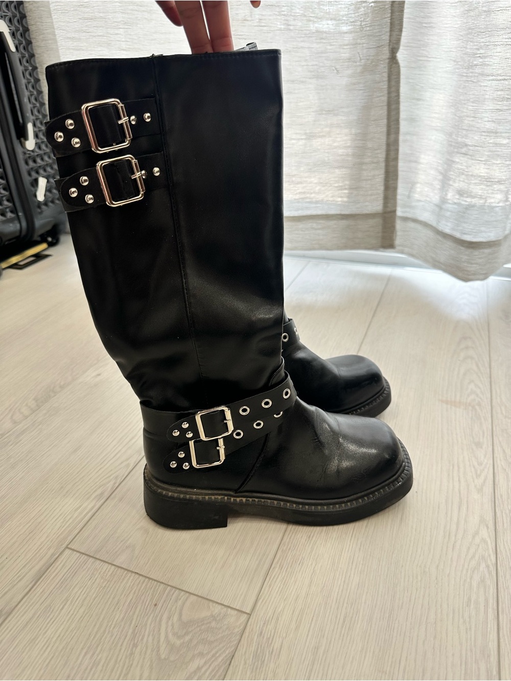 Black Tall Buckle Combat Boots - Picture 2 of 8